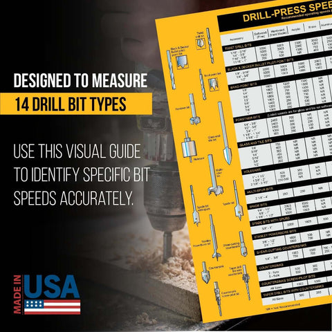 Magnetic drill press chart sign, yellow with drill-bit illustrations, 8.5 x 10.5 inches, USA-made RPM guide