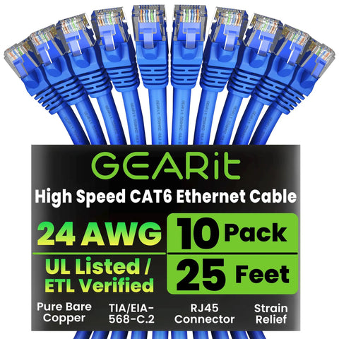 Cat6 Patch Cable 25 Ft Blue Pack Of 10 for Fast Home Network Setup shown with packaging details