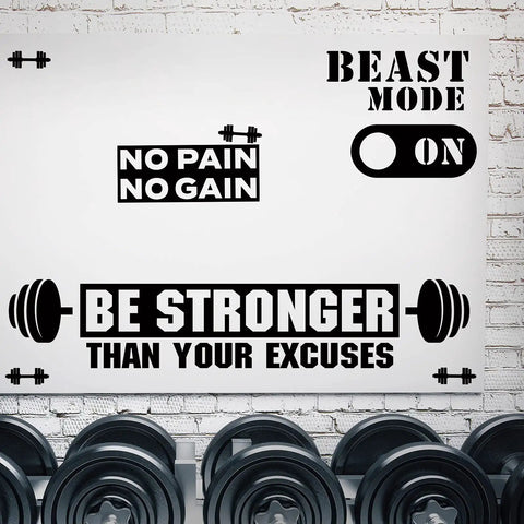 Three Piece Gym Wall Decal Be Stronger Than Your Excuses No Pain No Gain Beast Mode Inspirational Quotes Vinyl Wall Art