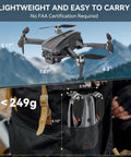 Foldable Brushless Drone with 2K HD Camera for Adults and Kids shown unfolded and compactly stored in a backpack, under 249g.