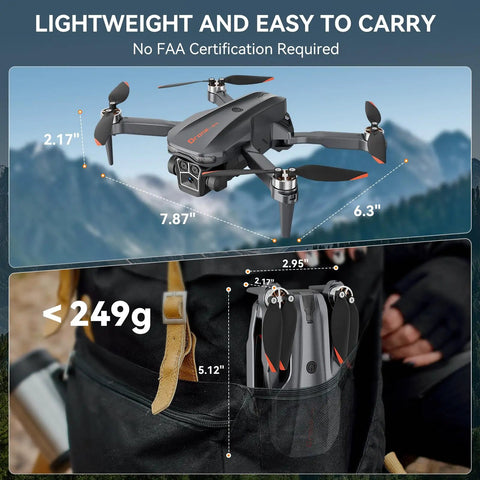 Foldable Brushless Drone with 2K HD Camera for Adults and Kids shown unfolded and compactly stored in a backpack, under 249g.