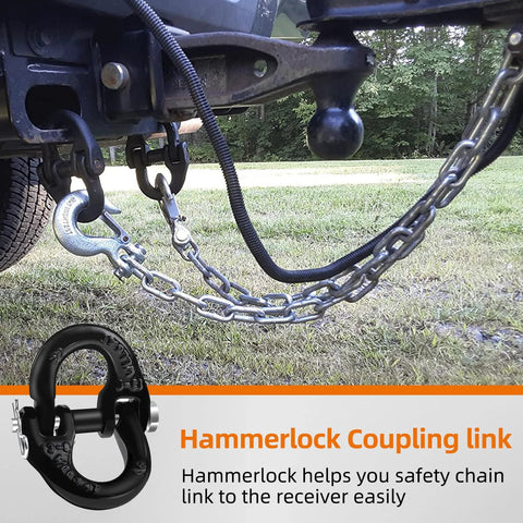 Half Inch Hammerlock Coupling Link With Two RPins Safety Chain Connector for tow hitch attached to vehicle, black