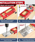 Rock Solid Door Hinge Jig Kit With Router Template And Mortise Chisel Guide For Latch Install Zero Sweat Setup showing installation steps with a red aluminum jig.