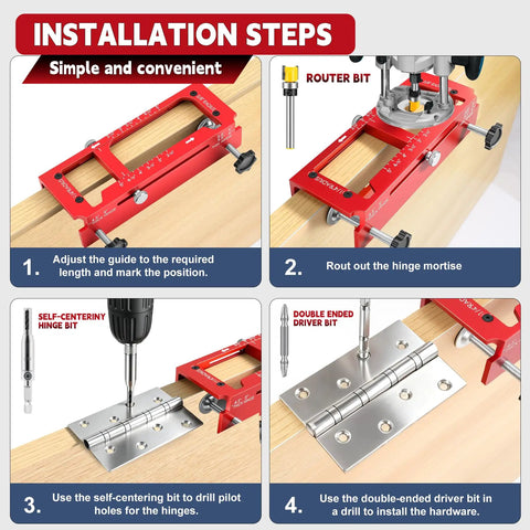 Rock Solid Door Hinge Jig Kit With Router Template And Mortise Chisel Guide For Latch Install Zero Sweat Setup showing installation steps with a red aluminum jig.