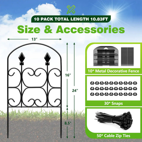 Arch Shaped Decorative Garden Fence Set 24 Inch Tall Ten Pack Metal Border Panels Black No Dig Fence for Landscape Patio
