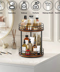 Two Tier Rotating Wooden Bathroom Countertop Organizer Featuring Smooth 360 Degree Spin And Dual Layer Storage For Skincare Perfume And Cosmetics on sleek vanity.