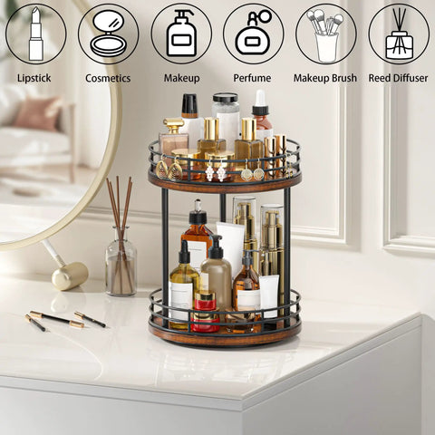 Two Tier Rotating Wooden Bathroom Countertop Organizer Featuring Smooth 360 Degree Spin And Dual Layer Storage For Skincare Perfume And Cosmetics on sleek vanity.
