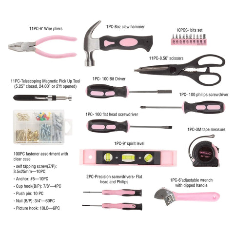 Pink 123 Piece Tool Kit With Carrying Bag Heat Treated Steel Hand Tools And Repair Set For Apartments Dorms And Homeowners