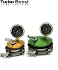 Turbo Boost Leak Tester shop kit with two gauge units (gold, green) for intake pipe pressure testing, 2-4 in adapters