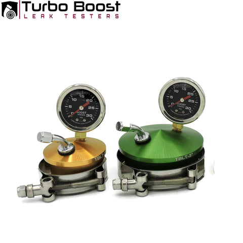 Turbo Boost Leak Tester shop kit with two gauge units (gold, green) for intake pipe pressure testing, 2-4 in adapters