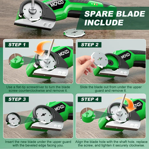 Step-by-step guide for replacing the blade on the Cordless 4V Electric Box Cutter With Led Light And Safety Lock.