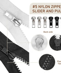 Number Five Zipper Sliders Repair Kit With 12 Sliders, 30 Top Stops And 15 Bottom Stops for coats, works on various zippers.