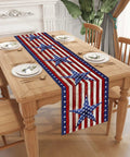 All American Patriotic Table Runner With Red White And Blue Stars For Fourth of July Memorial Day and Veterans Day on dining table