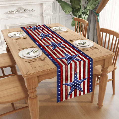 All American Patriotic Table Runner With Red White And Blue Stars For Fourth of July Memorial Day and Veterans Day on dining table