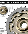Close-up of 7 Speed Screw On Freewheel For Bikes TZ500-7 14-28 Tooth Gears Durable Steel Cogs showing multiple gear sizes.