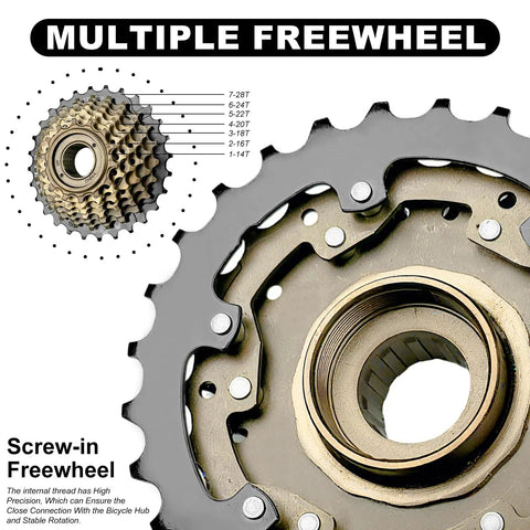 Close-up of 7 Speed Screw On Freewheel For Bikes TZ500-7 14-28 Tooth Gears Durable Steel Cogs showing multiple gear sizes.