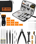 Intarsio 34-piece 3D printer tool kit in black zip case, includes nozzle cleaners, scrapers, files and pliers