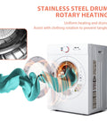 Euhomy compact portable clothes dryer, white, 1.8 cu ft, stainless steel drum, front view with teal fabric.