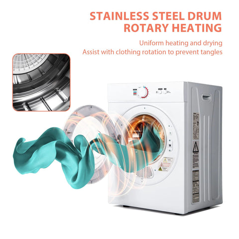 Euhomy compact portable clothes dryer, white, 1.8 cu ft, stainless steel drum, front view with teal fabric.