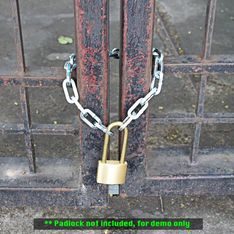 Tough As Nails Cut Proof Security Chain For Outdoor Gates Fences And Yards crafted from ultra hardened alloy steel securing a gate.