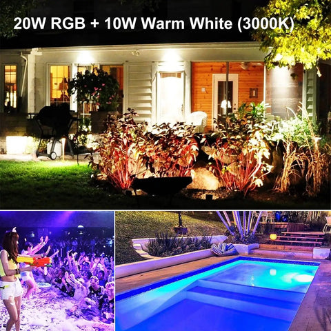 House with garden lit by Multicolor RGB LED Par38 Flood Light Bulbs Outdoor Waterproof 1800LM 30W Equals 90W With Remote