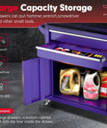 8 Drawer Rolling Tool Chest With Wheels Locking Detachable Cabinet Heavy Duty Steel Tool Cart With Liner And Hooks For Garage Workshop Warehouse Purple, open drawers