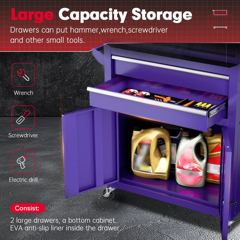 8 Drawer Rolling Tool Chest With Wheels Locking Detachable Cabinet Heavy Duty Steel Tool Cart With Liner And Hooks For Garage Workshop Warehouse Purple, open drawers
