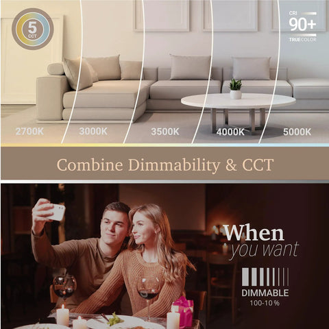 Image illustrating Six Inch Black Gimbal LED Recessed Canless Wafer Lights With 5 CCTs 2700K To 5000K, showing dimmability and CCT options.