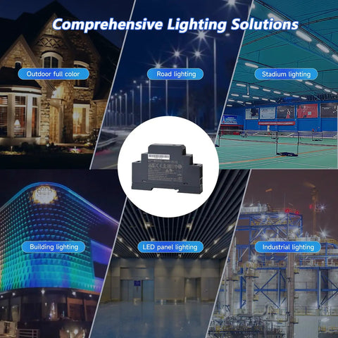 Straight Up Reliable 15 Watt 12 Volt Din Rail Switching Power Supply 1.25 Amp shown with lighting application examples.