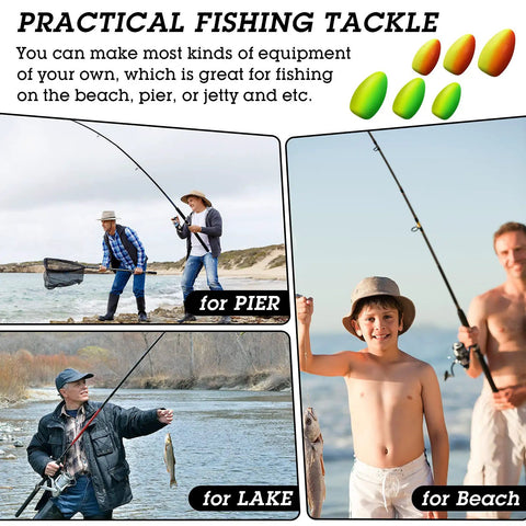 Collage of anglers using 60 Piece Foam Floats Set For Fishing, Bullet Shaped Floats For Snell Rigs in various settings.