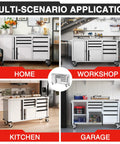 62 Inch By 20 Inch Rolling Tool Chest With 7 Drawers And 2 Doors, Stainless Countertop, Locking System, Heavy Duty Storage Cabinet For Garage, Shop, Or Kitchen, 1000 Lb Capacity shown in home, workshop, kitchen, and garage