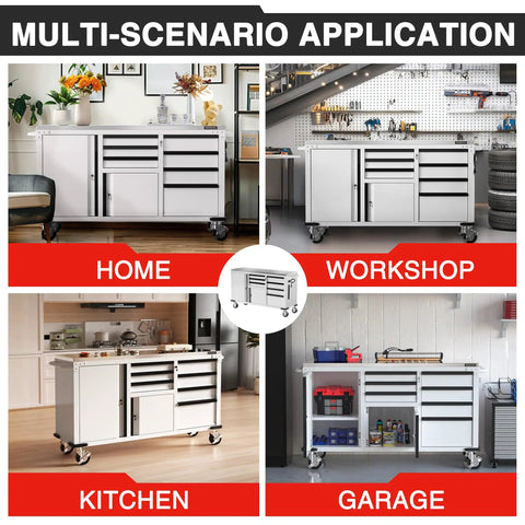 62 Inch By 20 Inch Rolling Tool Chest With 7 Drawers And 2 Doors, Stainless Countertop, Locking System, Heavy Duty Storage Cabinet For Garage, Shop, Or Kitchen, 1000 Lb Capacity shown in home, workshop, kitchen, and garage
