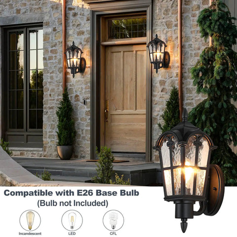 Heavy Hitter 16 Inch Large Outdoor Wall Light Fixtures Built Tough Exterior Metal Lantern Sconces illuminated at a stone wall.