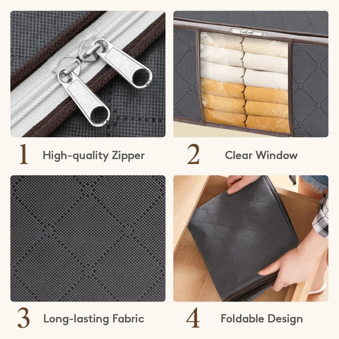 Three Pack 35L Foldable Storage Bins With Lids And Zippers, Clear Window for sweaters, reinforced fabric detail view