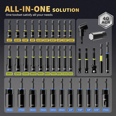 Magnetic Impact Nut Driver Set 86 Piece Heavy Duty with Metric and SAE Bits Socket Adapters in various sizes displayed.