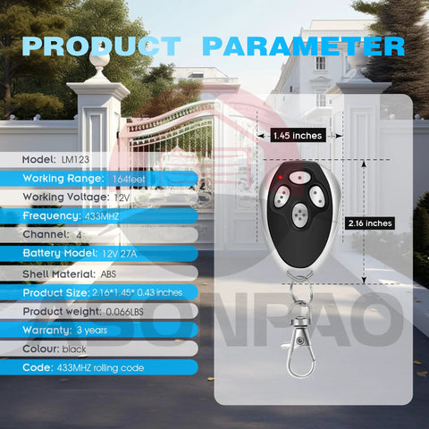 2 Pack LM123 And 2LM123 Gate Opener Remote 43392MHz Compatible With Lockmaster Topens Casar Durable ABS Case FCC Certified