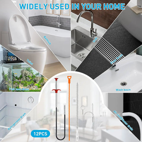 12 In 1 No Fuss Drain Clog Remover Kit With 25 Inch Stainless Steel Grabber Claw For Hair And Debris, 6 25 Inch Plastic Drain Snakes, 2 59 Inch Cleaning Brushes, And 3 18 Inch Sink Brushes For Bathroom Kitchen Toilet Tub Sewer