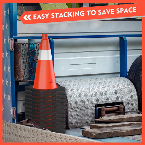 Eight Pack 18 Inch Traffic Safety Cones With Heavy Weighted Base stacked for easy transport.