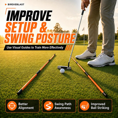 Golfer using Collapsible Golf Alignment Sticks Set, 40 Inch Premium Practice Aiming And Swing Training on green grass