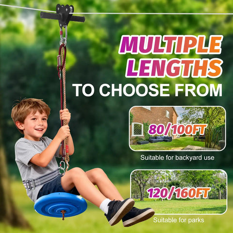 Child on disc seat using Backyard Zip Line Kit For Kids And Adults Up To 400 Lbs With Heavy Duty Retractors And Disc Seats 80 Foot Zip Line For Backyard And Playground Fun Perfect For Family Backyards And School Play Areas Tons Of Fun, multiple length options shown.