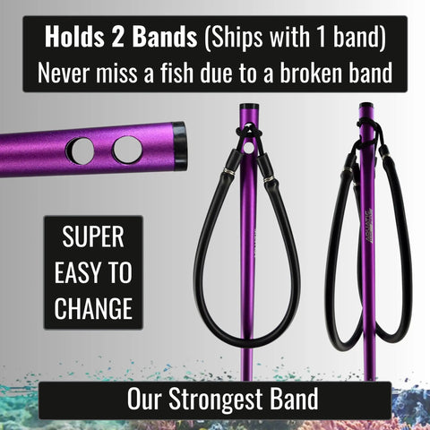 36 Inch Travel Ready Underwater Spear For Lionfish Frog And Flounder Gigging showing purple band holders.