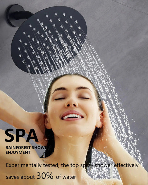 Black Bathtub And Shower Trim System Style 9 for an easy dope bathroom remodel with sleek black shower head in use.