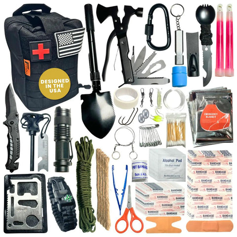 All-In-One 175-Piece Survival Kit With First Aid for Outdoor Adventures and Emergencies, MOLLE-Compatible Gear Bag, Car Travel Ready, Camping, Hiking 