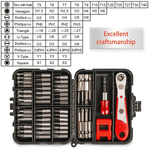 Solid 53 Piece Right Angle Screwdriver Set With S2 Bits And Mini Ratchet Includes Magnetic Extensions For Reaching Tough Spots Fast Plus Demagnetizer Tool For All Your Home Repair Vibes, open case