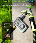 Smart Hose Sprinkler Timer attached to hose showing display with low power indicator and auto shut-off feature for outdoor irrigation.