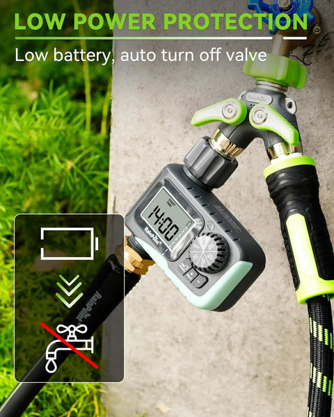 Smart Hose Sprinkler Timer attached to hose showing display with low power indicator and auto shut-off feature for outdoor irrigation.
