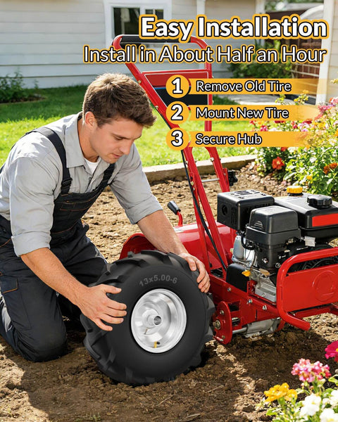 Man installing Heavy Duty Thirteen By Five Inch Rear Tine Tiller Tire And Wheel Set Four Ply Puncture Resistant Construction Three Quarter Inch Axle Bore Replacement For Garden Tiller And Farm Equipment Easy Bolt On Install Two Pack on red garden tiller