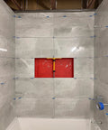 Shower Niche Tiling Tool Kit With Aluminum Support For Ceramic And Porcelain Tile Installations in use, showcasing precise alignment in a bathroom.