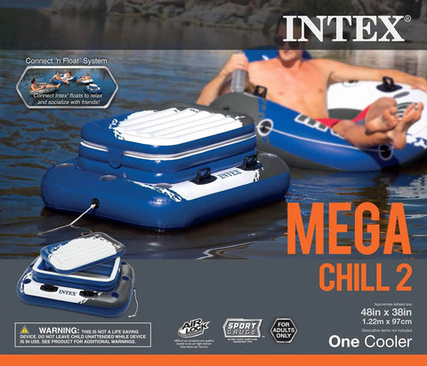 Inflatable Mega Chill II Beverage Cooler Float For 72 Cans With Lid on water next to person in inner tube