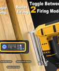 No Sweat Battery Powered 18 Gauge Cordless Brad Nailer with 1000 Brads showing firing modes on battery level display.